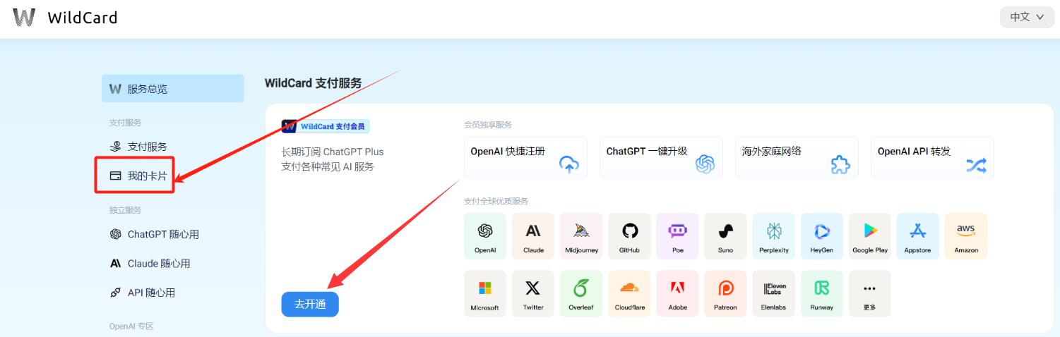 进入后台，点击左侧导航中的我的卡片：ChatGPT Plus中国，ChatGPT Plus开通，ChatGPT Plus购买，ChatGPT Plus充值