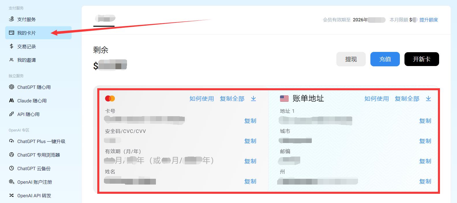 再次点击我的卡片，即可查看虚拟信用卡的全部信息：ChatGPT Plus中国，ChatGPT Plus开通，ChatGPT Plus购买，ChatGPT Plus充值