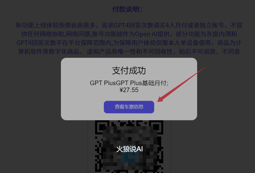 ChatGPT Plus账号合租教程步骤七：付款成功后，点击“查看车票信息”