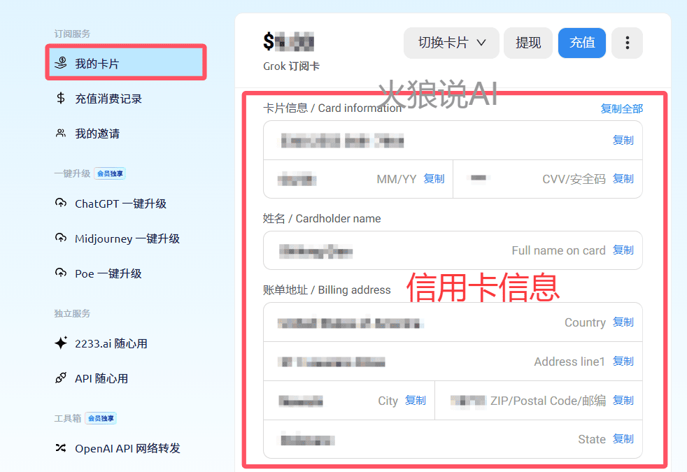 最新SuperGrok订阅教程，国内如何使用Grok 4：查看WildCard信用卡信息。